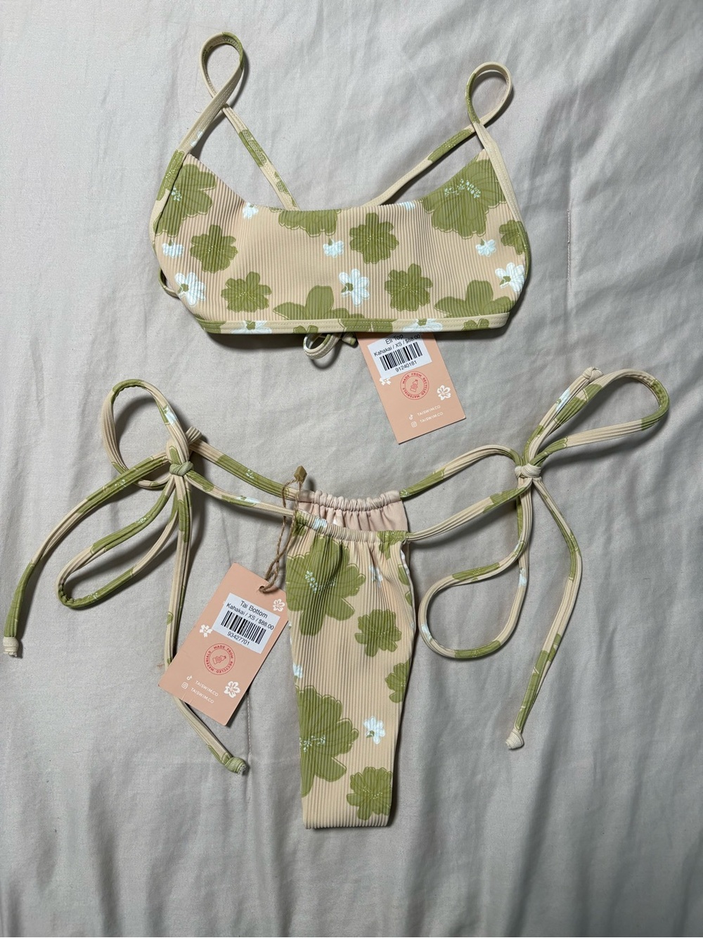 Floral Tie-Side Bikini Set - Beige & Olive
